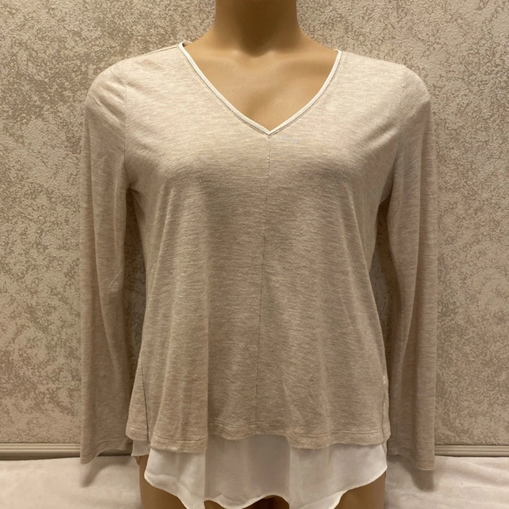 White House Black Market Beige Long Sleeve Faux Layered V-Neck Top